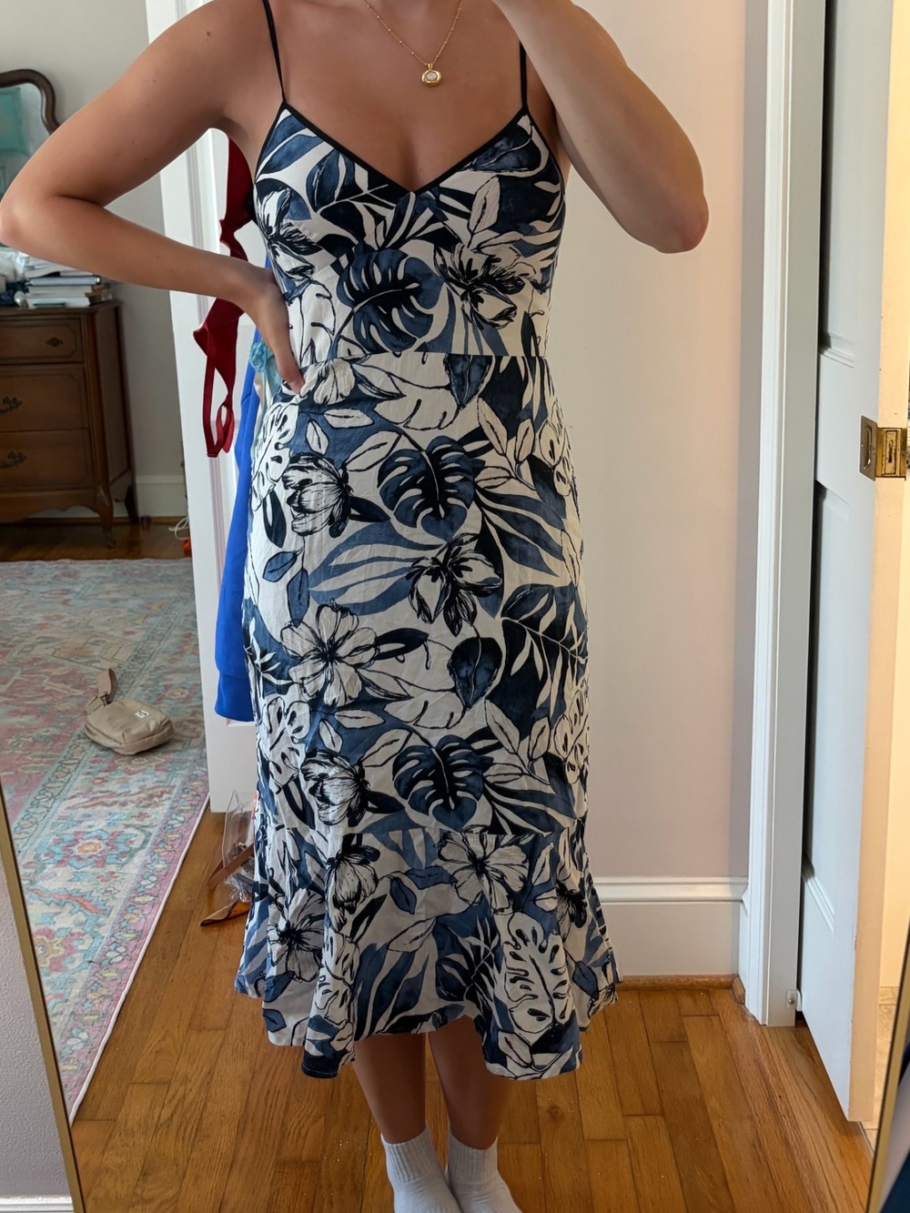 Banana Republic blue palms fitted midi dress with ruffle hem